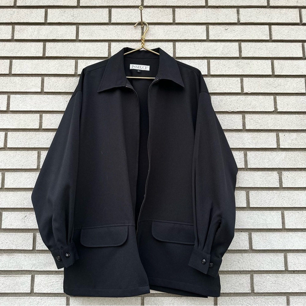 INSERCH Black Dacron Zip Jacket Minimalist Textured USA Made Classic